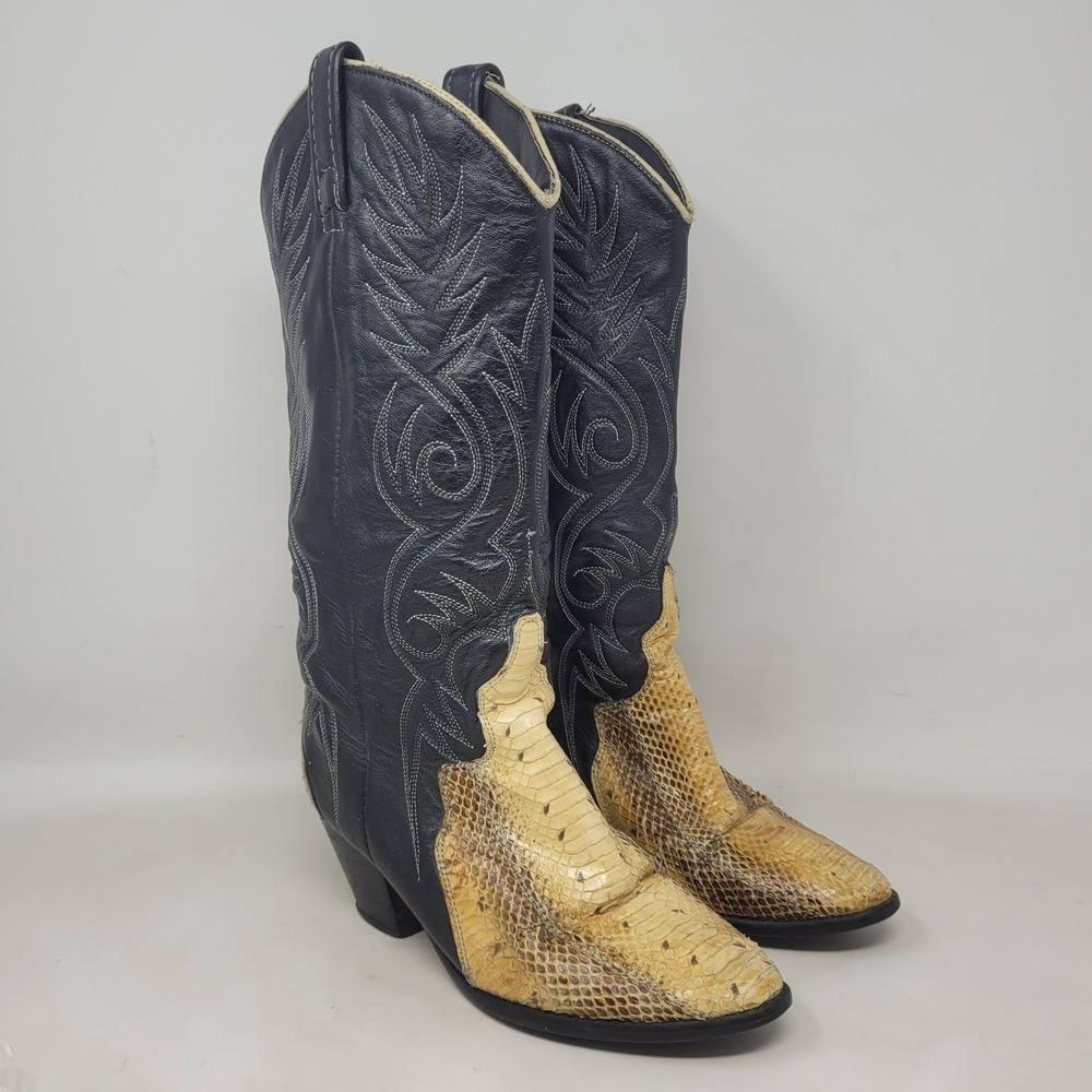 Vintage ACME Boots 6M Black Tan Leather Snakeskin Western Cowboy Tall Cowgirl